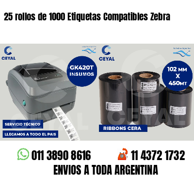 25 rollos de 1000 Etiquetas Compatibles Zebra 