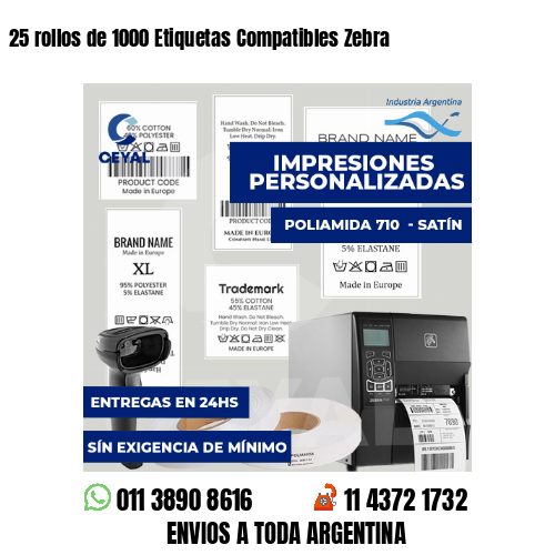 25 rollos de 1000 Etiquetas Compatibles Zebra 