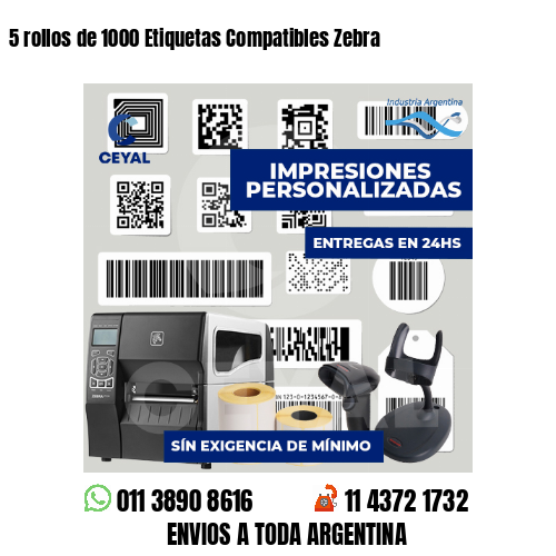 5 rollos de 1000 Etiquetas Compatibles Zebra 