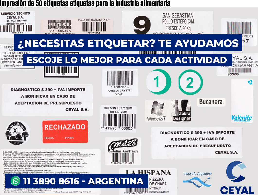 Impresión de 50 etiquetas etiquetas para la industria alimentaria