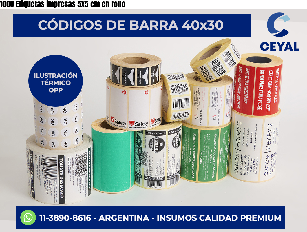 1000 Etiquetas impresas 5×5 cm en rollo