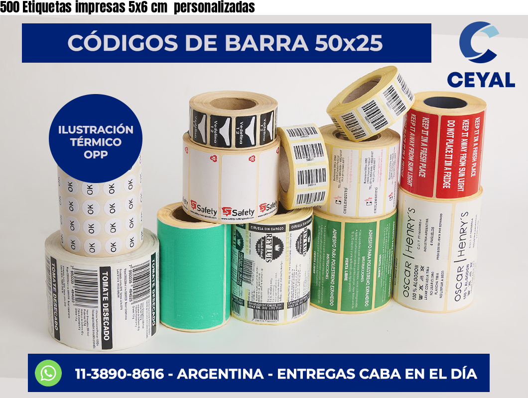 500 Etiquetas impresas 5×6 cm  personalizadas