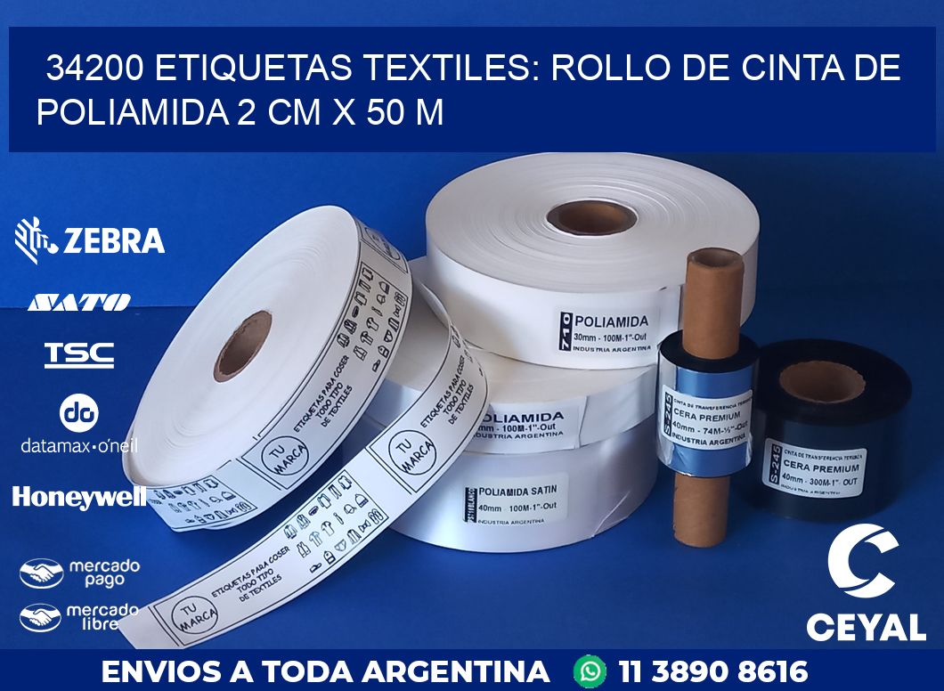 34200 ETIQUETAS TEXTILES: ROLLO DE CINTA DE POLIAMIDA 2 CM X 50 M