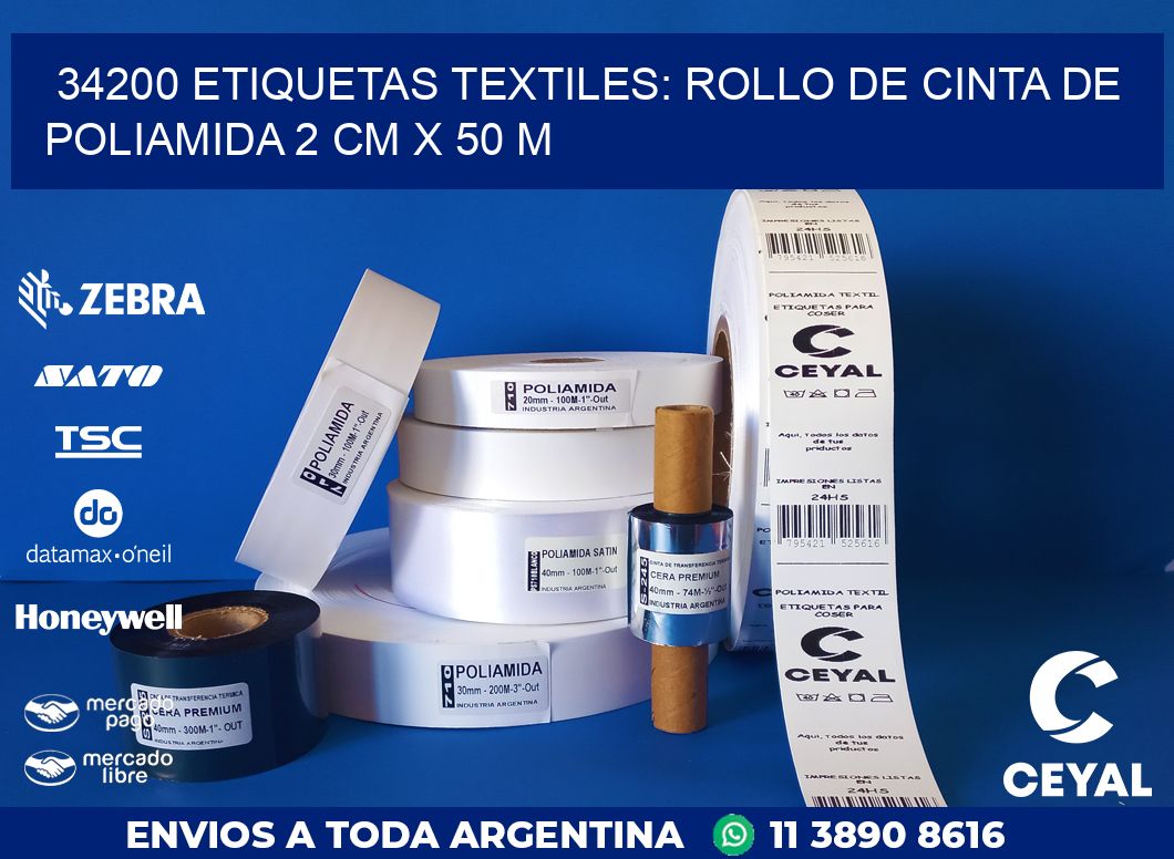 34200 ETIQUETAS TEXTILES: ROLLO DE CINTA DE POLIAMIDA 2 CM X 50 M