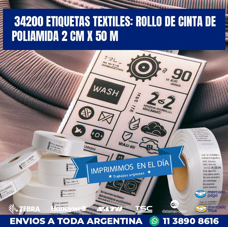 34200 ETIQUETAS TEXTILES: ROLLO DE CINTA DE POLIAMIDA 2 CM X 50 M