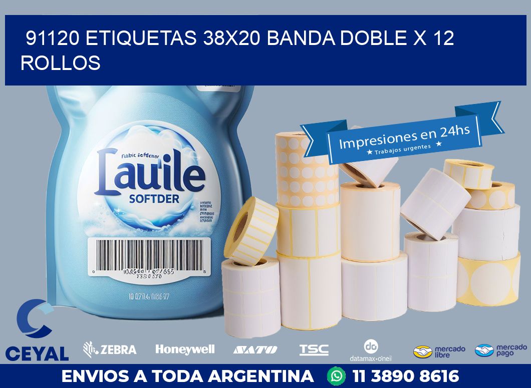 91120 ETIQUETAS 38X20 BANDA DOBLE X 12 ROLLOS