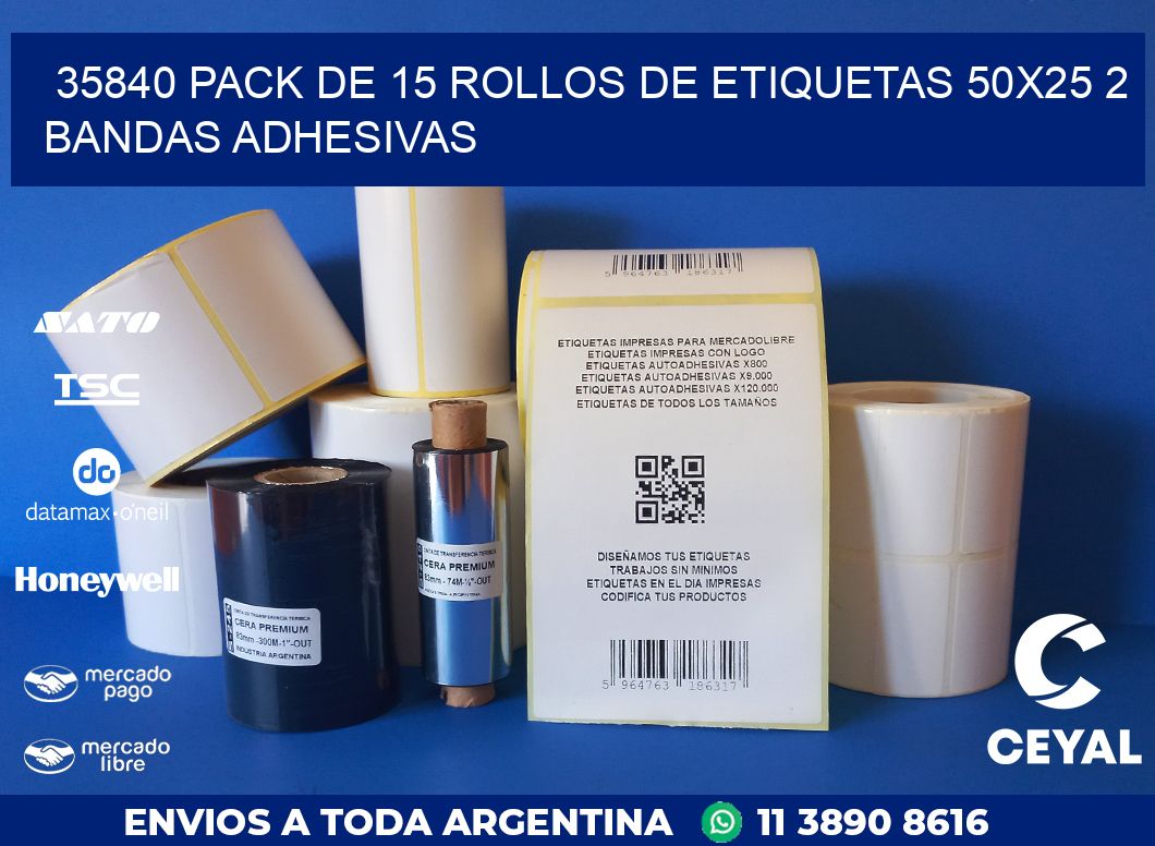 35840 PACK DE 15 ROLLOS DE ETIQUETAS 50X25 2 BANDAS ADHESIVAS