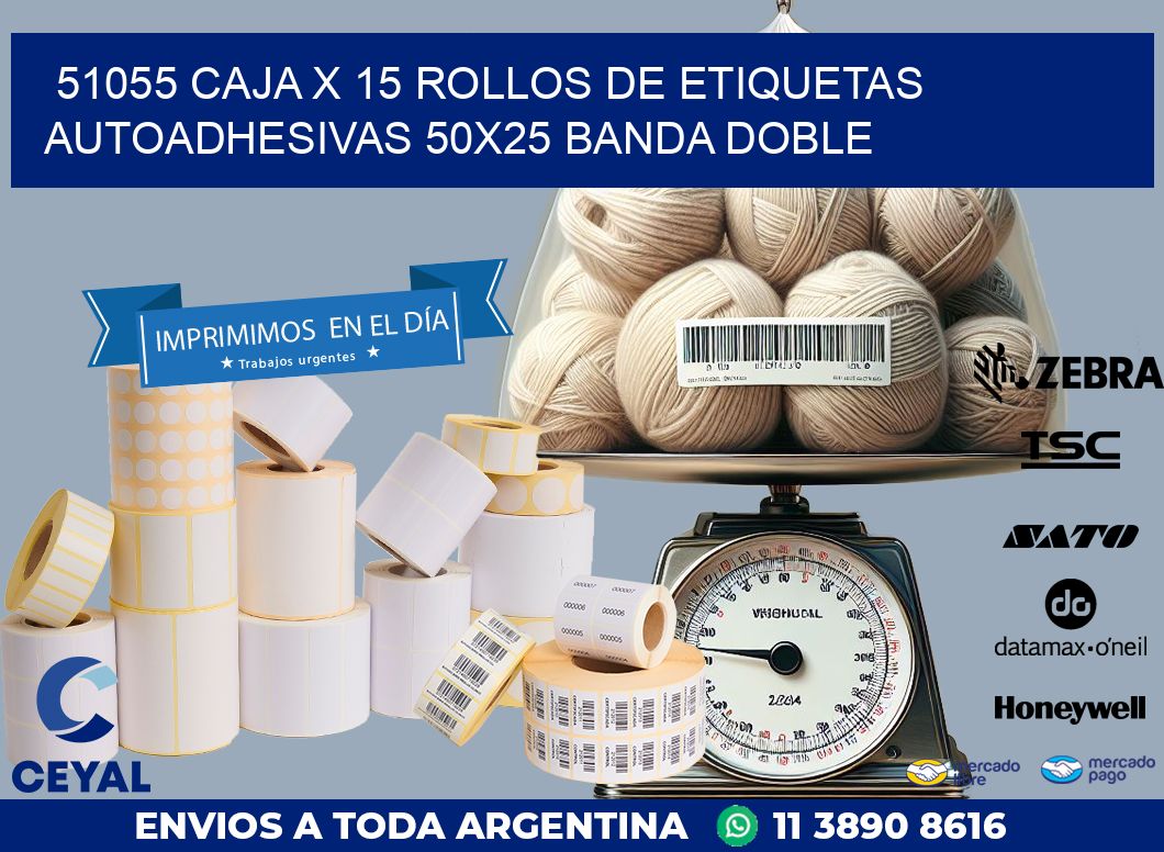 51055 CAJA X 15 ROLLOS DE ETIQUETAS AUTOADHESIVAS 50X25 BANDA DOBLE