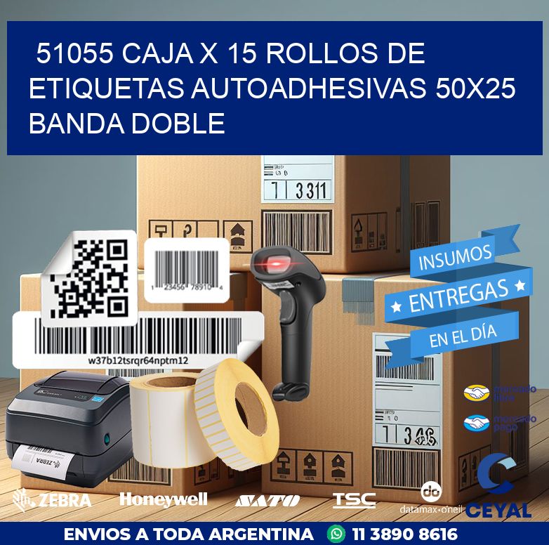 51055 CAJA X 15 ROLLOS DE ETIQUETAS AUTOADHESIVAS 50X25 BANDA DOBLE