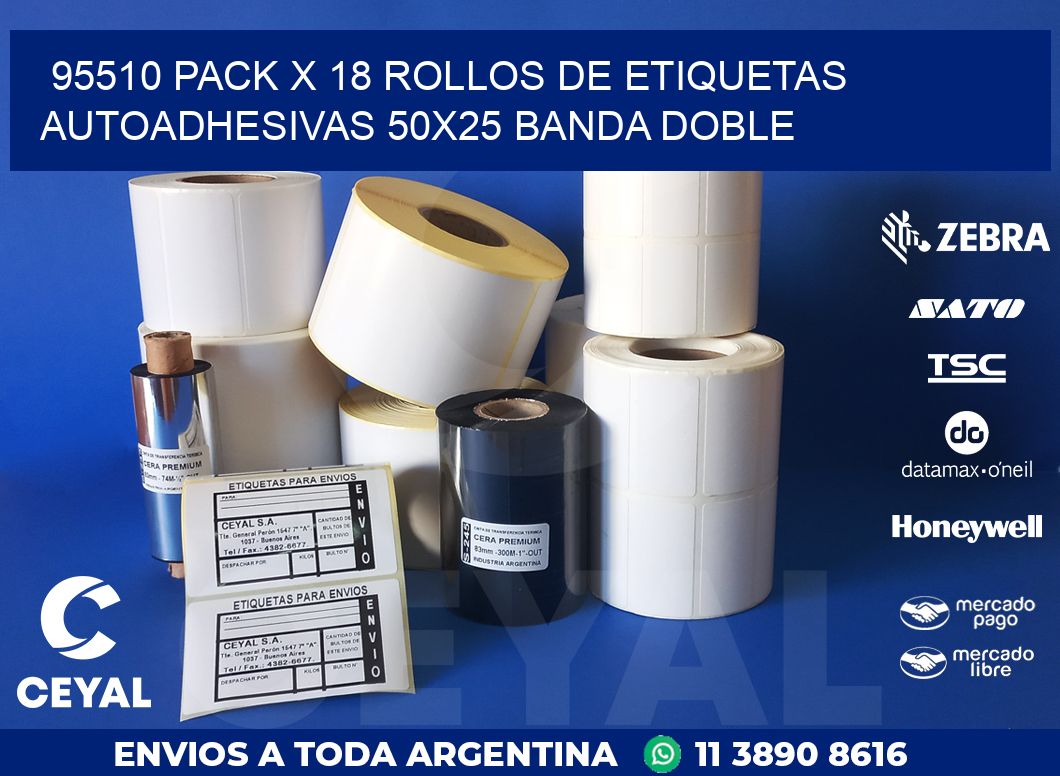 95510 PACK X 18 ROLLOS DE ETIQUETAS AUTOADHESIVAS 50X25 BANDA DOBLE