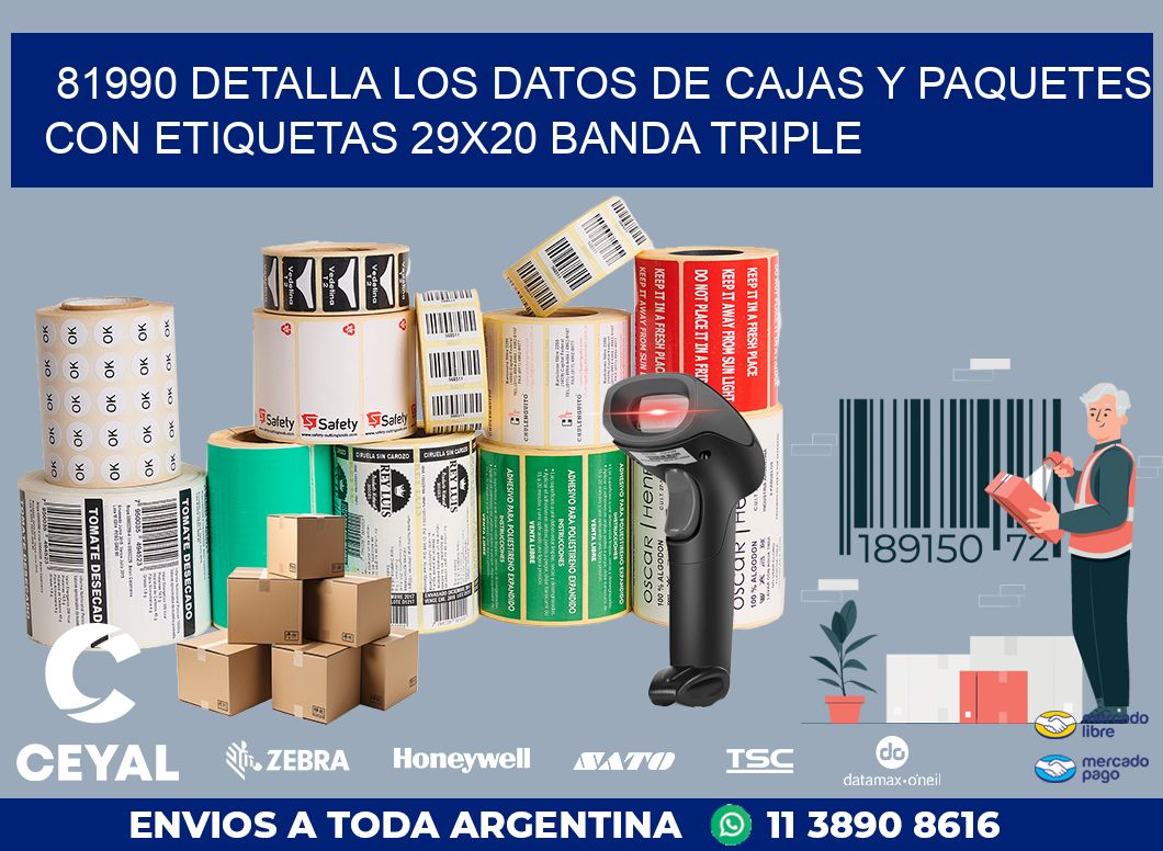 81990 DETALLA LOS DATOS DE CAJAS Y PAQUETES CON ETIQUETAS 29X20 BANDA TRIPLE