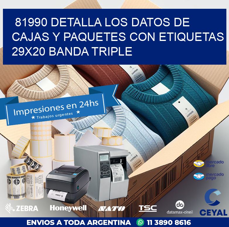 81990 DETALLA LOS DATOS DE CAJAS Y PAQUETES CON ETIQUETAS 29X20 BANDA TRIPLE