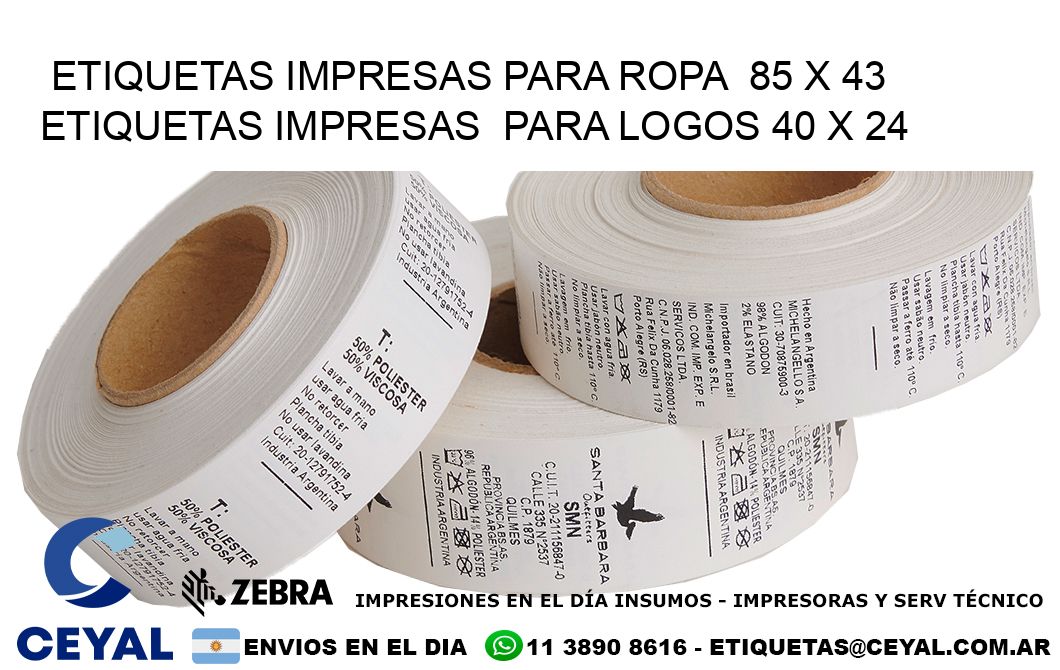 ETIQUETAS IMPRESAS PARA ROPA  85 x 43 ETIQUETAS IMPRESAS  PARA LOGOS 40 x 24