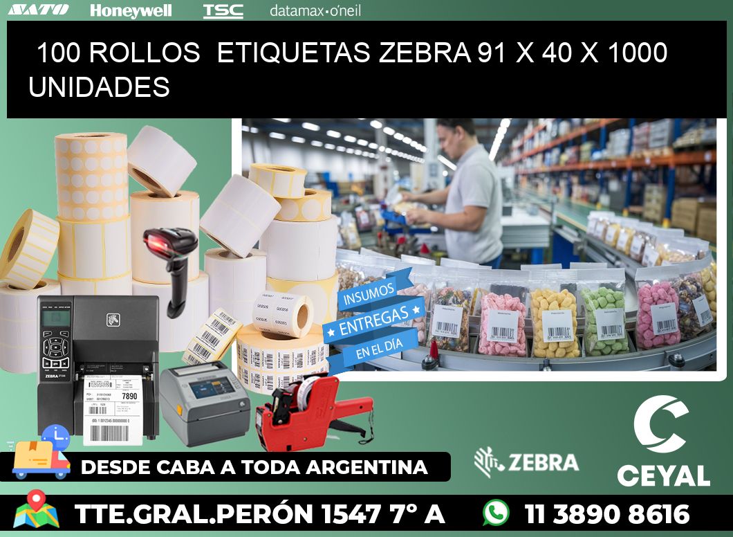 100 ROLLOS  ETIQUETAS ZEBRA 91 x 40 X 1000 UNIDADES