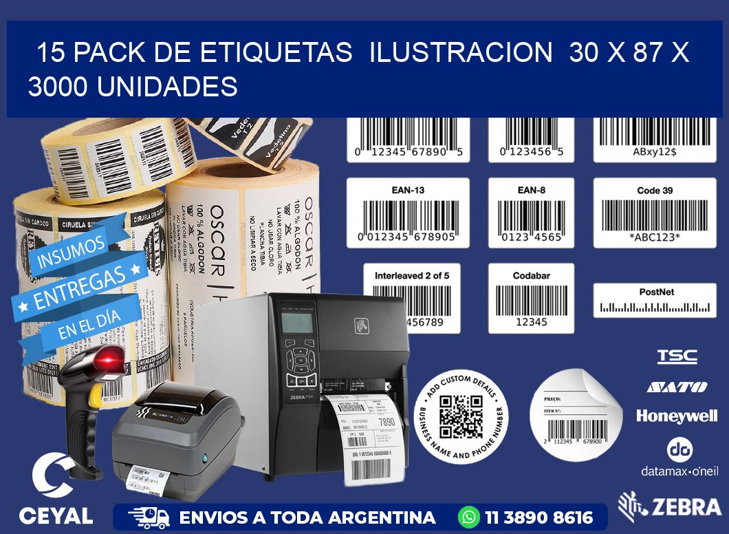 15 PACK DE ETIQUETAS  ILUSTRACION  30 x 87 X 3000 UNIDADES