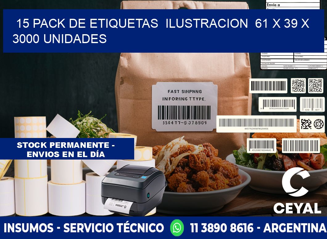 15 PACK DE ETIQUETAS  ILUSTRACION  61 x 39 X 3000 UNIDADES