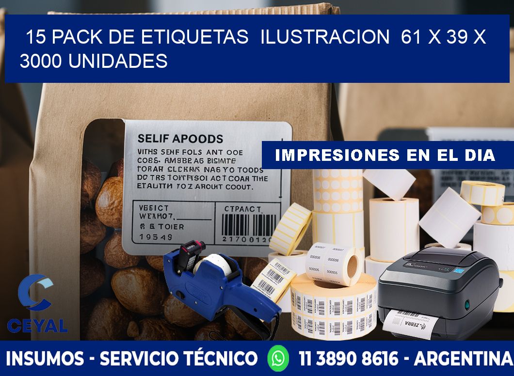 15 PACK DE ETIQUETAS  ILUSTRACION  61 x 39 X 3000 UNIDADES