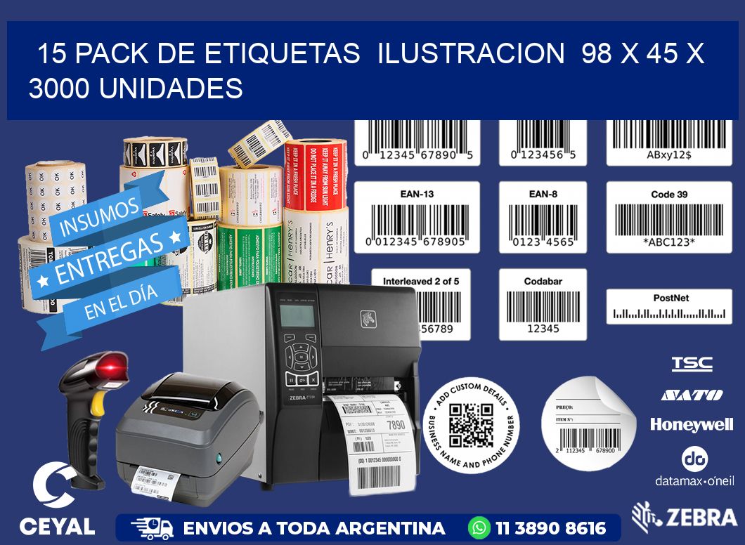 15 PACK DE ETIQUETAS  ILUSTRACION  98 x 45 X 3000 UNIDADES