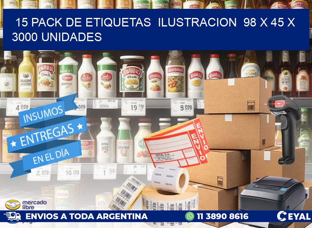 15 PACK DE ETIQUETAS  ILUSTRACION  98 x 45 X 3000 UNIDADES