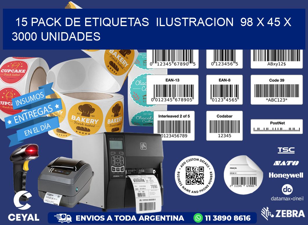 15 PACK DE ETIQUETAS  ILUSTRACION  98 x 45 X 3000 UNIDADES