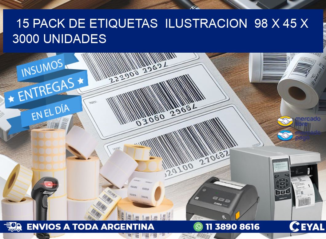 15 PACK DE ETIQUETAS  ILUSTRACION  98 x 45 X 3000 UNIDADES