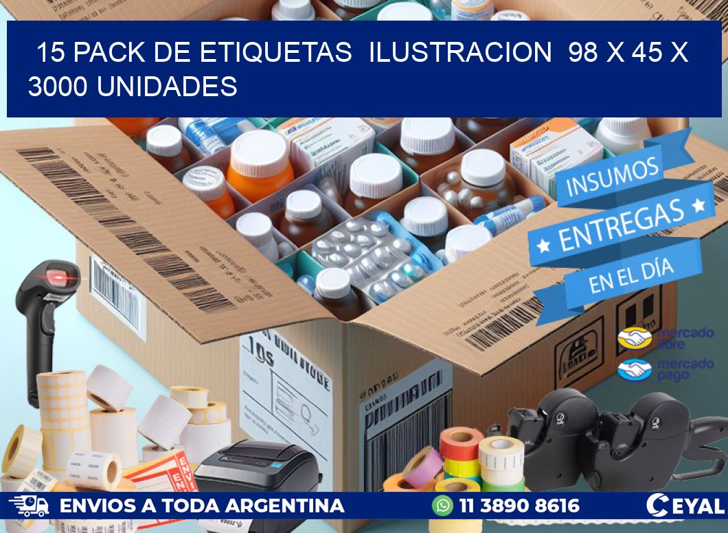 15 PACK DE ETIQUETAS  ILUSTRACION  98 x 45 X 3000 UNIDADES