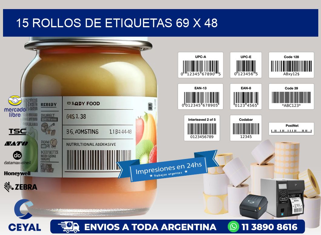 15 ROLLOS DE ETIQUETAS 69 x 48