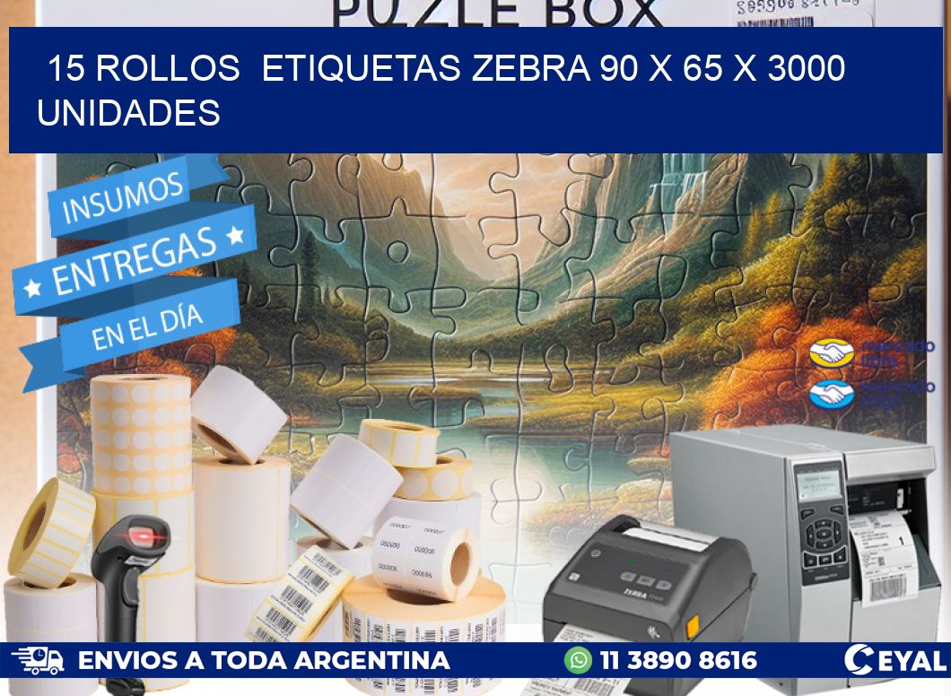 15 ROLLOS  ETIQUETAS ZEBRA 90 x 65 X 3000 UNIDADES