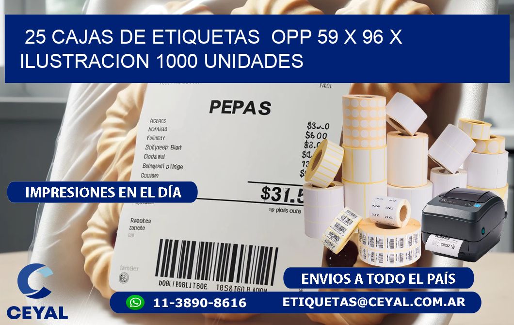 25 CAJAS DE ETIQUETAS  OPP 59 x 96 X ILUSTRACION 1000 UNIDADES