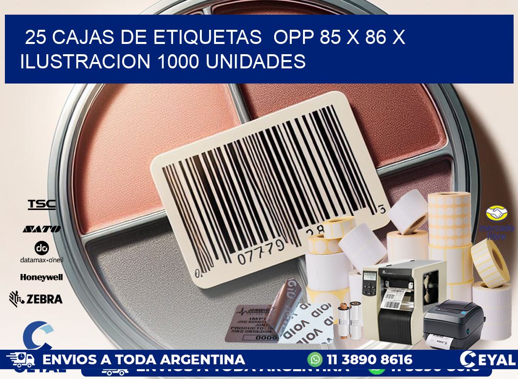 25 CAJAS DE ETIQUETAS  OPP 85 x 86 X ILUSTRACION 1000 UNIDADES