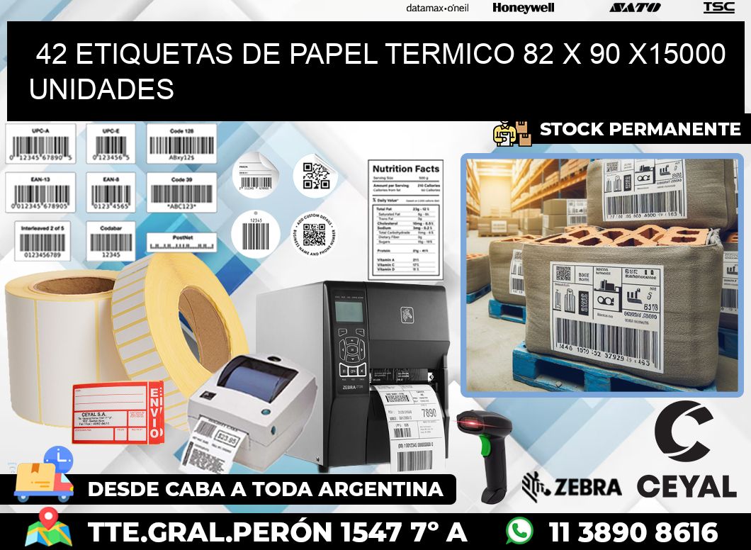 42 ETIQUETAS DE PAPEL TERMICO 82 x 90 X15000 UNIDADES