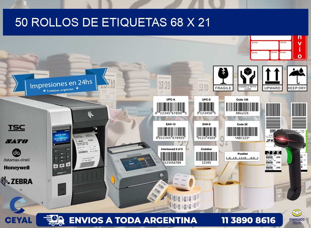 50 ROLLOS DE ETIQUETAS 68 x 21