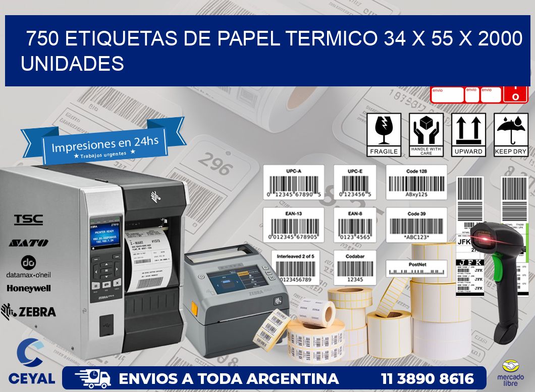 750 ETIQUETAS DE PAPEL TERMICO 34 x 55 X 2000 UNIDADES