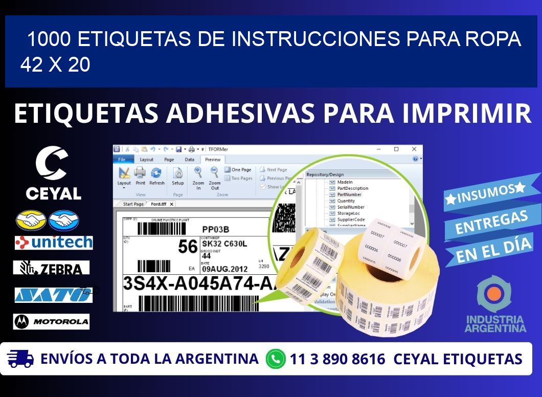 1000 ETIQUETAS DE INSTRUCCIONES PARA ROPA 42 x 20