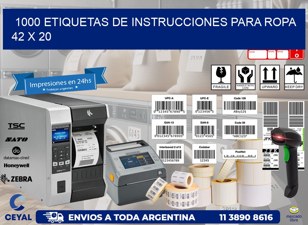 1000 ETIQUETAS DE INSTRUCCIONES PARA ROPA 42 x 20