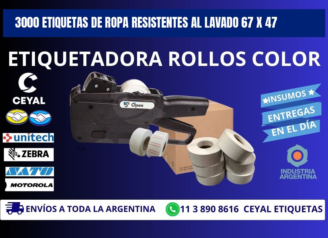 3000 ETIQUETAS DE ROPA RESISTENTES AL LAVADO 67 x 47