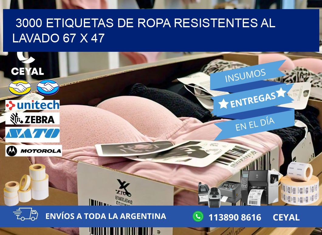 3000 ETIQUETAS DE ROPA RESISTENTES AL LAVADO 67 x 47