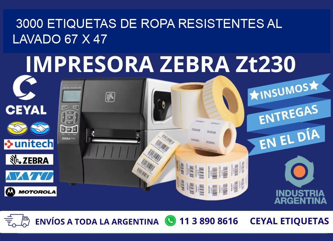 3000 ETIQUETAS DE ROPA RESISTENTES AL LAVADO 67 x 47