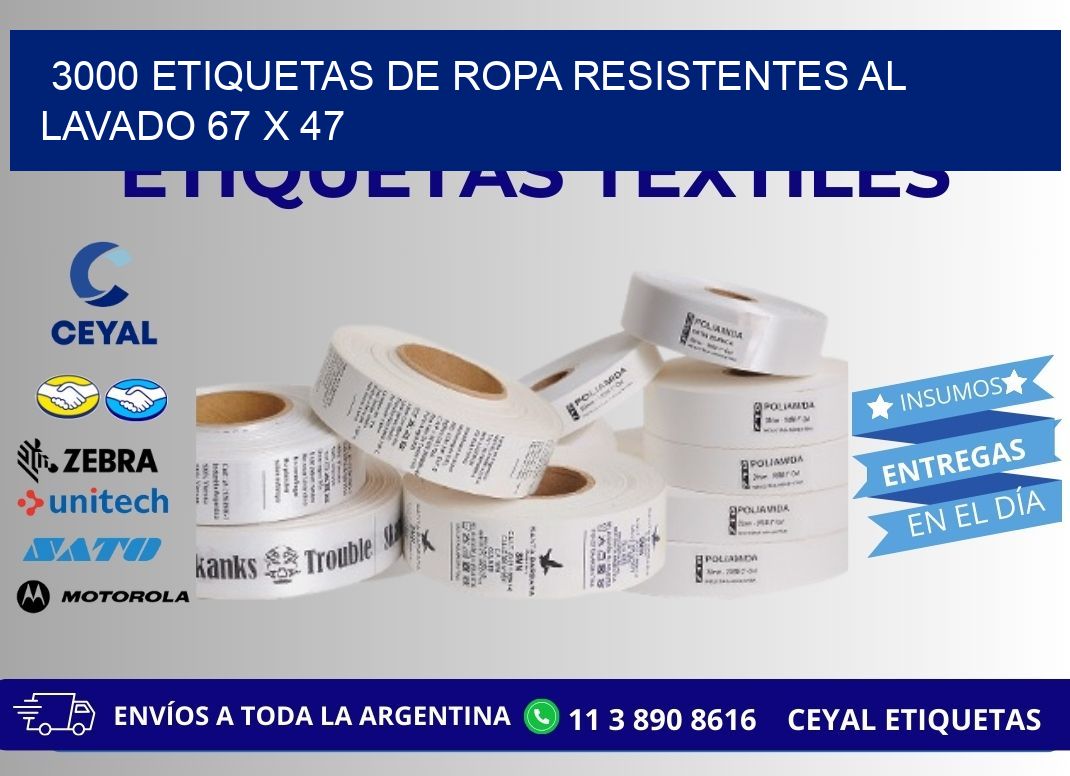 3000 ETIQUETAS DE ROPA RESISTENTES AL LAVADO 67 x 47