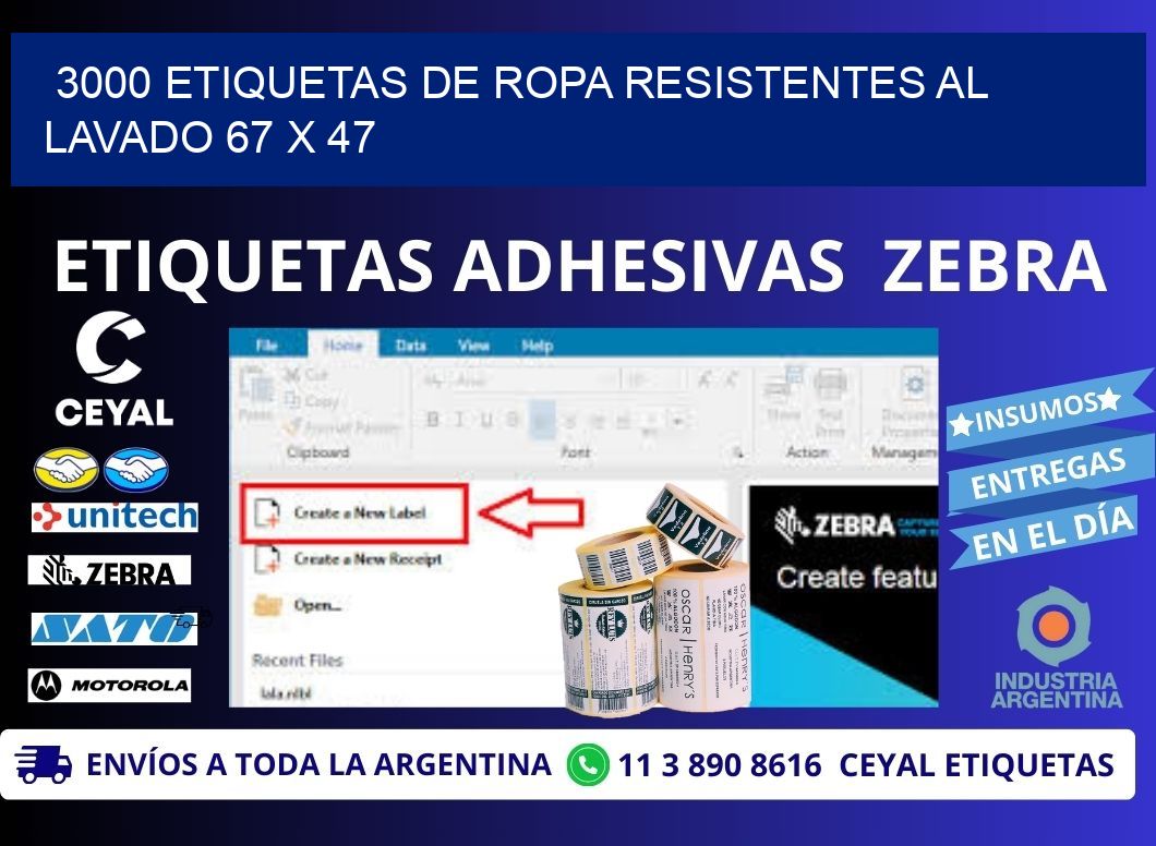 3000 ETIQUETAS DE ROPA RESISTENTES AL LAVADO 67 x 47