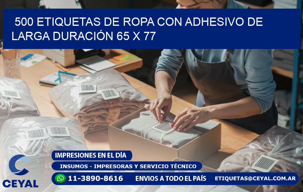 500 ETIQUETAS DE ROPA CON ADHESIVO DE LARGA DURACIÓN 65 x 77