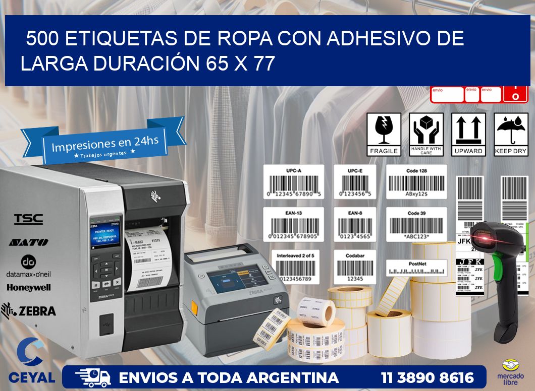 500 ETIQUETAS DE ROPA CON ADHESIVO DE LARGA DURACIÓN 65 x 77