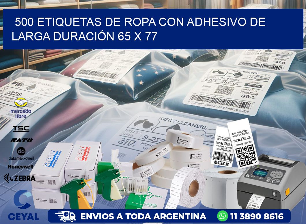 500 ETIQUETAS DE ROPA CON ADHESIVO DE LARGA DURACIÓN 65 x 77