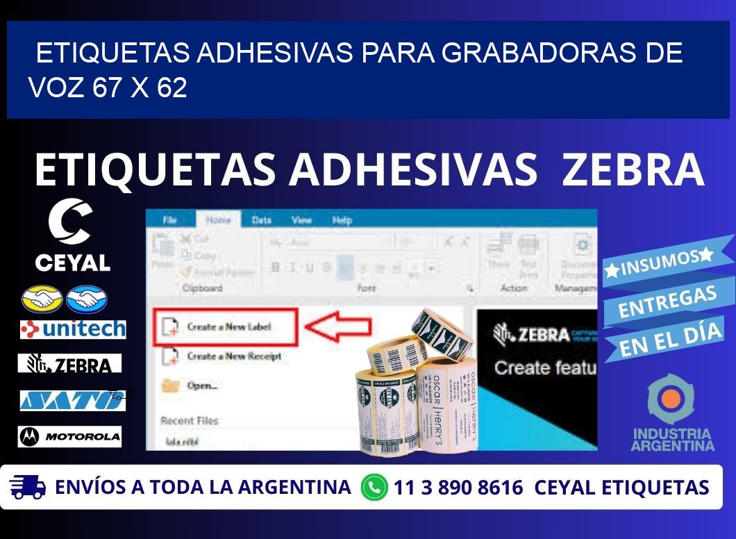 ETIQUETAS ADHESIVAS PARA GRABADORAS DE VOZ 67 x 62