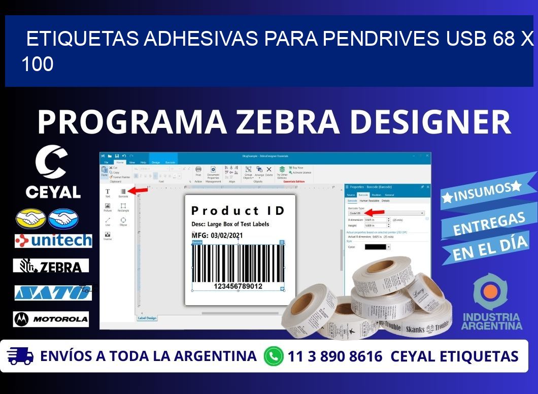 ETIQUETAS ADHESIVAS PARA PENDRIVES USB 68 x 100