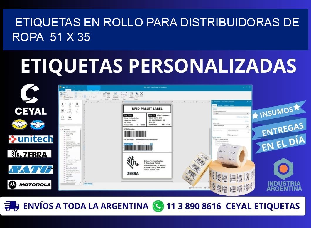 ETIQUETAS EN ROLLO PARA DISTRIBUIDORAS DE ROPA  51 x 35