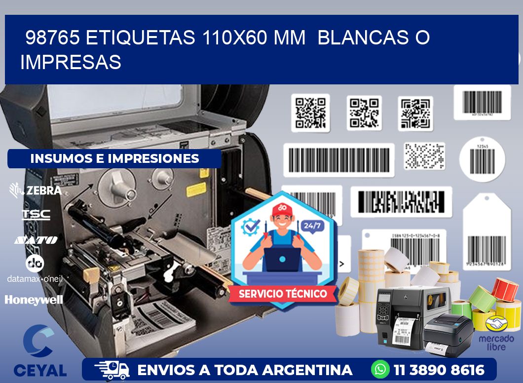 98765 ETIQUETAS 110x60 mm  BLANCAS O IMPRESAS