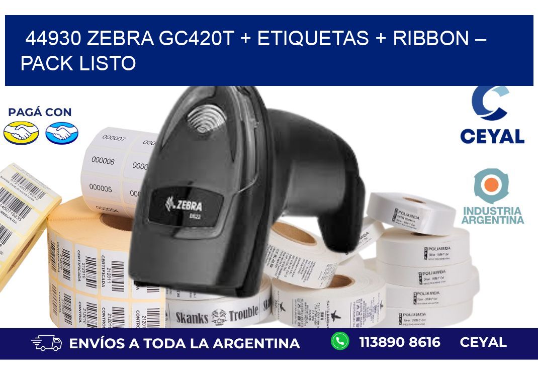 44930 Zebra GC420T + Etiquetas + Ribbon – Pack Listo