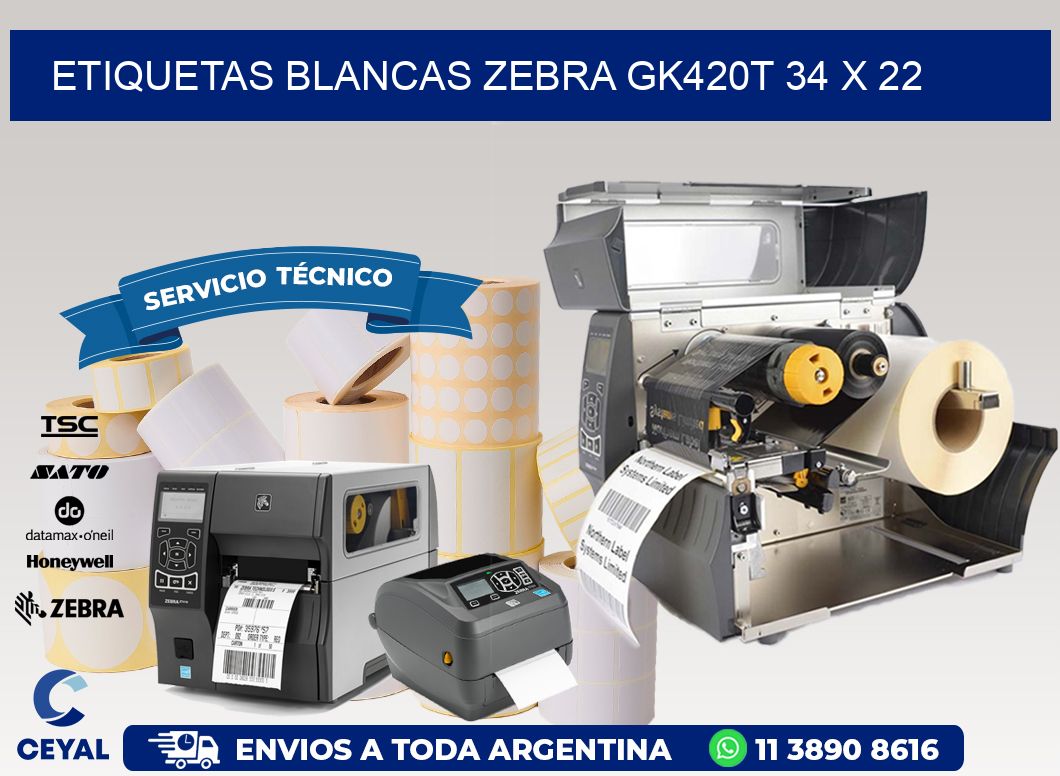 ETIQUETAS BLANCAS ZEBRA GK420T 34 x 22
