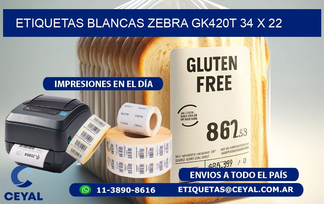 ETIQUETAS BLANCAS ZEBRA GK420T 34 x 22